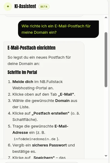 Der eingebaute KI-Assistent beantwortet deine Fragen Schritt für Schritt – hier: ein E-Mail-Postfach einrichten.