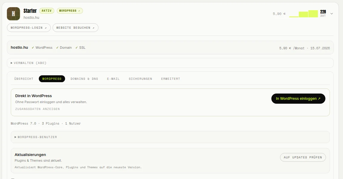Jeder Dienst hat klar benannte Tabs – vom 1-Klick-Login in WordPress bis zu Domains, E-Mail und Sicherungen.