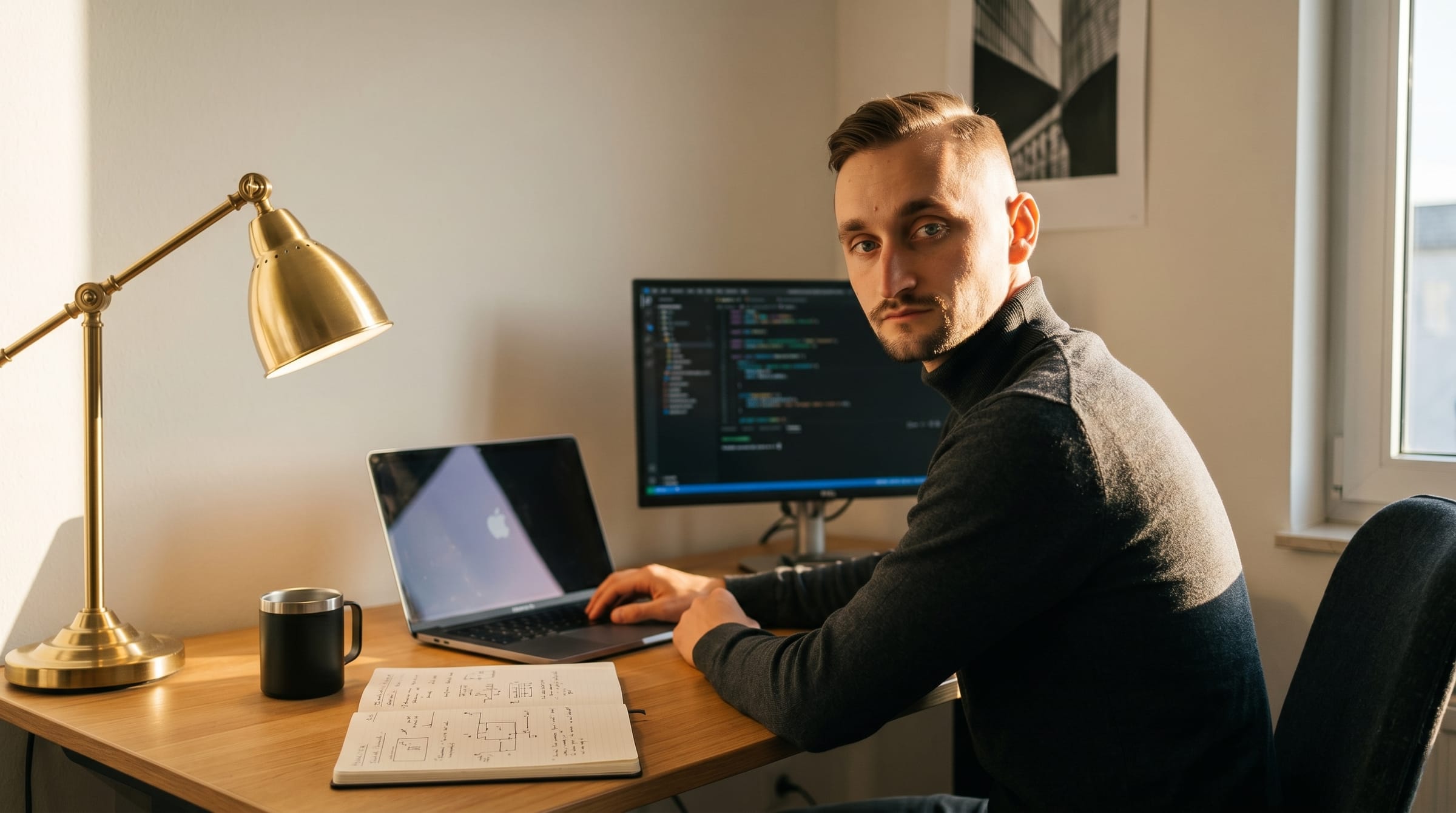 Norbert Bartus am Arbeitsplatz — MacBook Pro M4, Notizbuch, externer Monitor