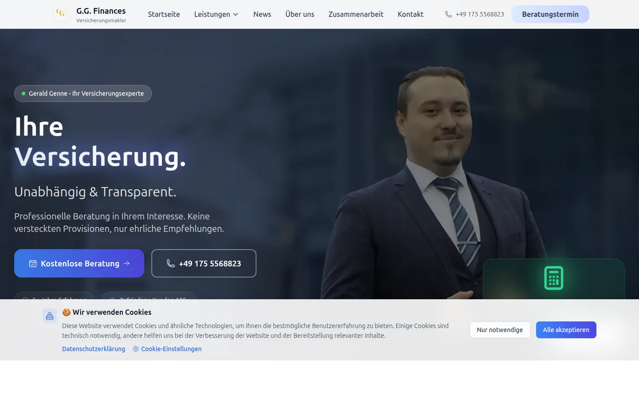 GG Finances — Versicherungsmakler-Website mit Kundenportal, Online-Beratung und automatisiertem Mailing.