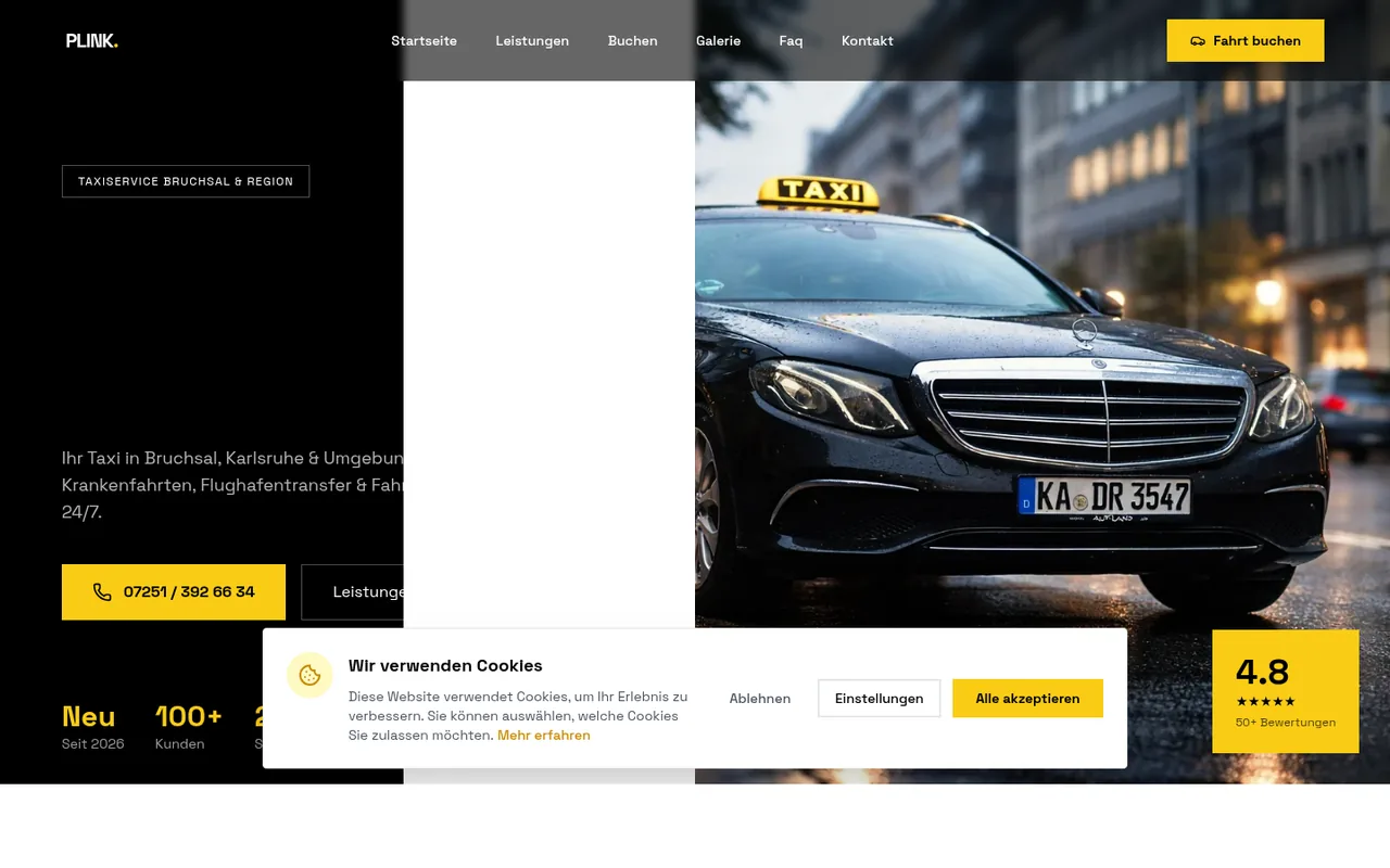 Taxi Plink — PWA-Buchungsplattform für Krankenfahrten, Flughafentransfers und Langstrecken — mit Stripe und Routenberechnung.